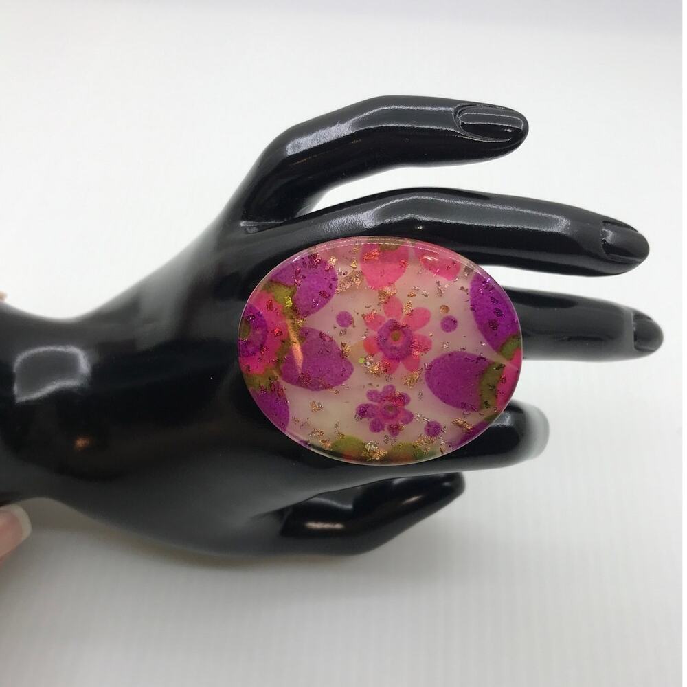 Retro Boho Y2K Pink Purple Oval Floral Chunky Resin Statement Ring 9.5